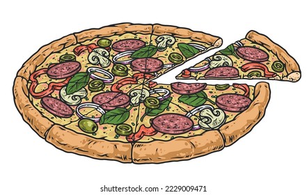 Cheese pizza vintage colorful logotype appetizer with mushrooms and sausages with olives for advertising poster of Italian pizzeria vector illustration