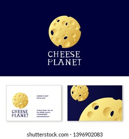 Cheese planet logo. Emblem for cheese shop. Circle cheese with holes like space object. Yellow Moon with craters. Business card.