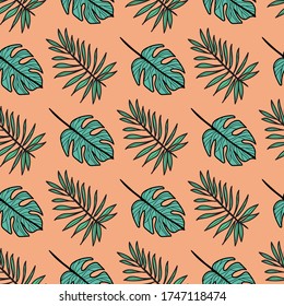 Cheese Plant And Palm Exotic Tropical Monstera House Plant Leaves. Vector Repeat Pattern. Great For Apparel, Home Decor, Backgrounds, Wallpaper.