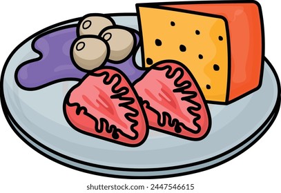 Cheese plate blueberry and strawberry Concept, Summer Prebreakfast vector icon design, European breakfast symbol, Americans Morning Meal Sign, Restaurant cafe menu stock illustration