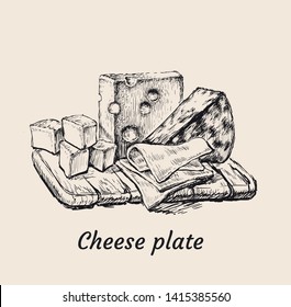 Cheese Plate Hand Drawing Vector Illustration.