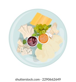 Cheese plate illustration in color cartoon style. Editable vector graphic design.