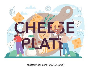Cheese plate typographic header. Professional chef making block of cheese. Dairy farmer serving a cheese slice. Cheese production. Isolated vector illustration