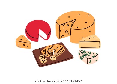 Cheese plate. Variety of delicious dairy delicatessen board. Different sorts, assorted types, appetizer, edam, emmental, gouda and roquefort. Flat vector illustration isolated on white background