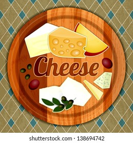 Cheese Plate. Various Types Of Cheese On A Wooden Background. Vector Illustration.