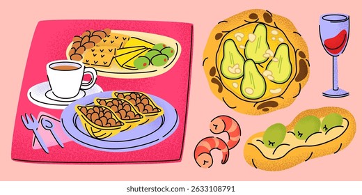 Cheese plate and wine glass illustrations in playful doodle style. Slices of diary product on dish with olives and shrimps, pear pizza and cup of coffee. Cute food clipart for cafe dining decor.