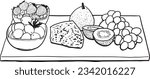 Cheese Platter with Fruit Illustration Black and White Line Drawing
