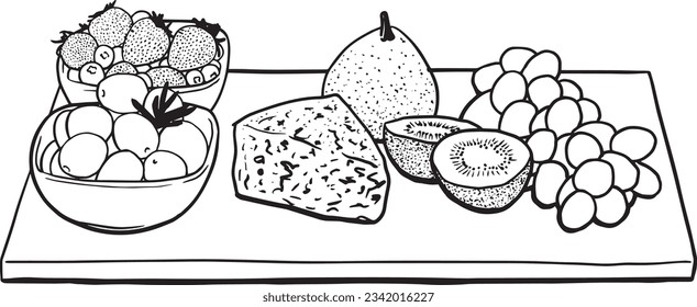 Cheese Platter with Fruit Illustration Black and White Line Drawing