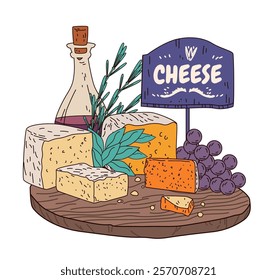 Cheese platter with grapes and herbs features assorted cheeses on a wooden board with grapes and a bottle. Decorative elements enhance the gourmet theme