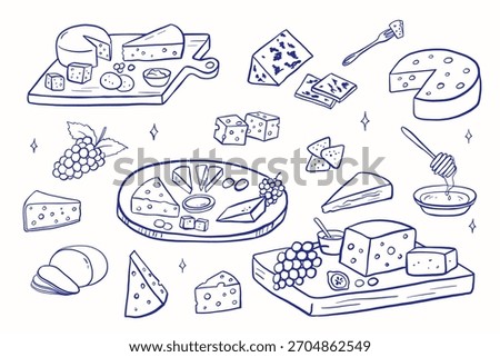 Cheese platter icon in doodle style with various gourmet pieces. Line art illustration shows camembert, cheddar, grapes on charcuterie board. French-inspired food sketch design.