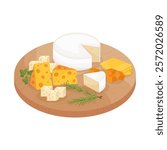 Cheese platter on wooden board. Assorted cheese variety with herbs. Vector illustration.