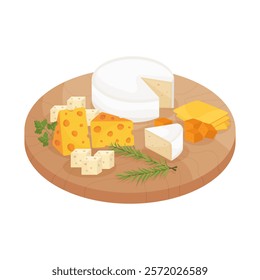 Cheese platter on wooden board. Assorted cheese variety with herbs. Vector illustration.