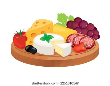 Cheese platter with vegetables and meat on white background vector illustration. Delicatessen on a wooden cutting board icon vector. Various types of cheese and salami drawing