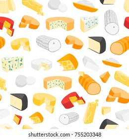 Cheese Product Dairy Background Pattern Natural Food Various Sort for Market, Cafe Card. Vector illustration