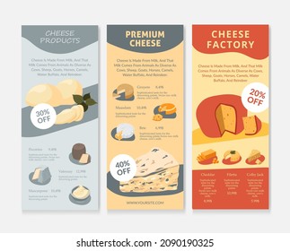 Cheese Product Flyer, Vector Illustration. Premium Dairy Food At Poster Set, Meal Snack With Milk. Delicious Factory Cheese At Graphic Design Concept. Discount Price For Parmesan, Cheddar, Pecorino