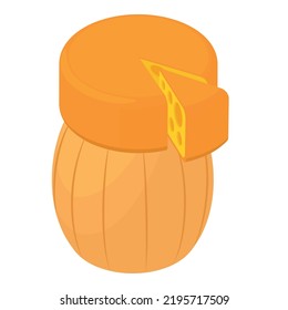 Cheese Product Icon Isometric Vector. Whole Head Of Cheese On Wooden Barrel Icon. Dairy Product, Healthy Food