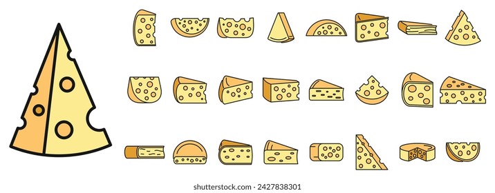 Cheese product icons set. Outline set of cheese product vector icons thin line color flat on white