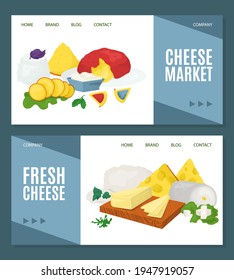 Cheese product set banner, vector illustration. Food from milk collection, tasty mozzarella, feta, cheddar and flat camembert website.