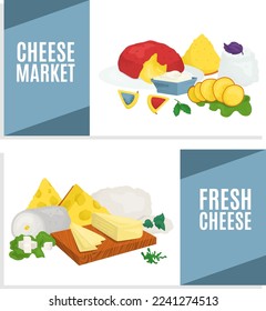 Cheese product set banner, vector illustration. Food from milk collection, tasty mozzarella, feta, cheddar and flat camembert website.