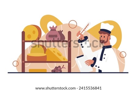 Cheese production, aging and storage in warehouse. Cheesemaker holding thermometer and clipboard to control temperature of rack with maturing and ripening cheese on shelves cartoon vector illustration