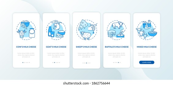 Cheese production blue onboarding mobile app page screen with concepts. Cow milk product. Lactose food walkthrough 5 steps graphic instructions. UI vector template with RGB color illustrations