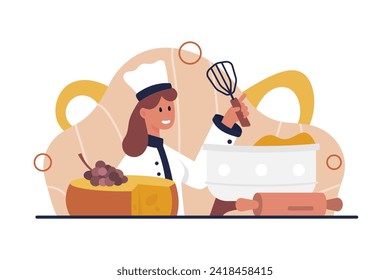 Cheese production by professional cheesemaker. Cheesemonger making dairy product on factory facility, woman holding chefs tool to mix and control industrial process cartoon vector illustration