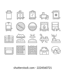 Cheese Production Collection Icons Set Vector. Cheese Preparing Factory Industrial Equipment And Refrigerator, Heating And Cheesemaking Machine Black Contour Illustrations