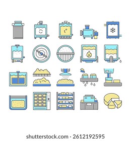 Cheese Production Collection Icons Set Vector. Cheese Preparing Factory Industrial Equipment And Refrigerator, Heating And Cheesemaking Machine Concept Linear Pictograms. Contour Illustrations