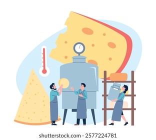 Cheese production concept. Professional cheese makers working with dairy. Tiny food factory workers in uniform holding milk delicacy, recent vector scene