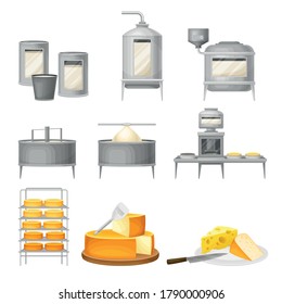 Cheese Production with Curdling and Ripening Stages Vector Set