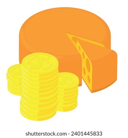 Cheese production icon isometric vector. Golden coin stack near big cheese head. Cheesemaking, business, hobby