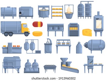 Cheese production icons set. Cartoon set of cheese production vector icons for web design