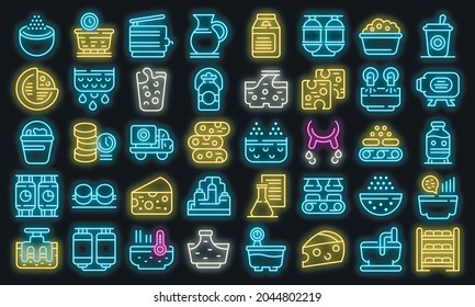 Cheese production icons set. Outline set of cheese production vector icons neon color on black