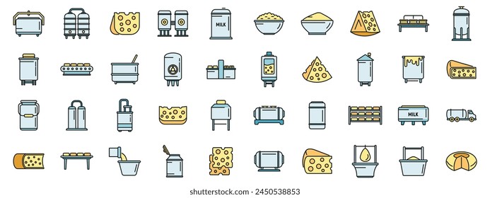 Cheese production icons set outline vector. Milk food. Making butter thin line color flat on white