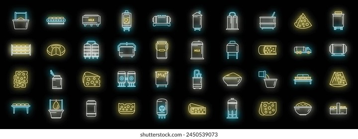 Cheese production icons set outline vector. Milk food. Making butter neon color on black