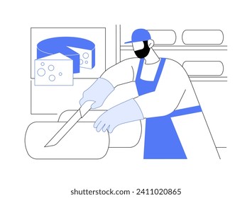 Cheese production isolated cartoon vector illustrations. Smiling men making cheese at dairy farm, agriculture industry, agribusiness workers, secondary production sector vector cartoon.