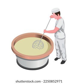 Cheese production isometric composition with factory equipment and worker isolated vector illustration