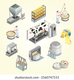 Cheese production isometric flowchart illustrated process from milk yield and pasteurization to fermenting pressing and ripening