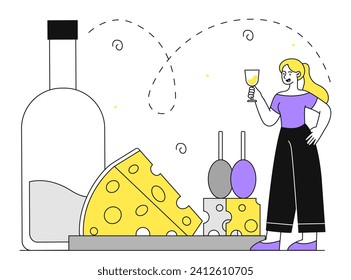 Cheese production linear concept. Young girl with dairy products and bottle of milk. Healthy eating with protein and fats. Doodle flat vector illustration isolated on white background
