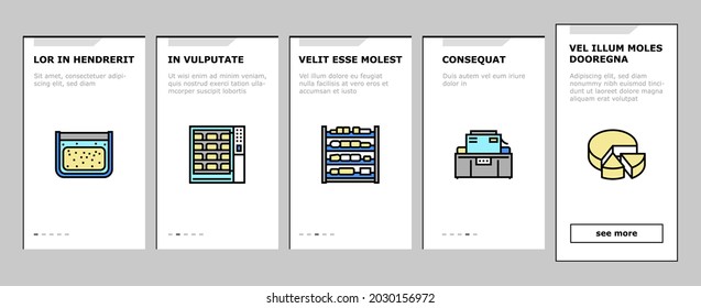 Cheese Production Onboarding Mobile App Page Screen Vector. Cheese Preparing Factory Industrial Equipment And Refrigerator, Heating And Cheesemaking Machine Illustrations