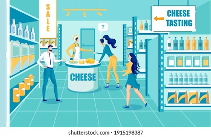 Cheese Production Tasting Process in Shop Cartoon. Dairy Products Selling. Seller and Customers. Meal and Food on Table. Promotional Degustation at Shopping Day. Vector Cartoon Flat Illustration