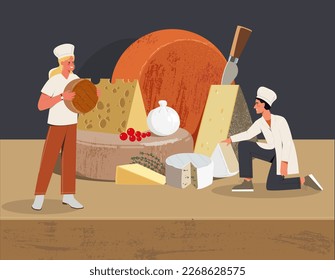 Cheese production technology. Young man and woman chefs prepare delicious cheese. Various types of dairy products. Dorblu, gouda, cheddar, mozzarella, parmesan. Cartoon flat vector illustration