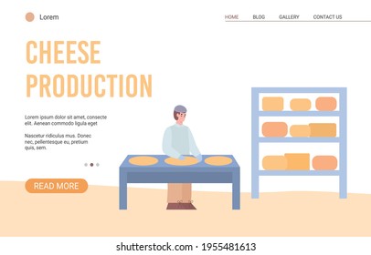 Cheese production website with cheese maker cartoon vector illustration.