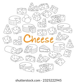 Productos de queso de diseño circular. Cartel de la tienda de quesos. Cheddar, camembert, ladrillo, mozzarella, maasdam, brie, roquefort, gouda, feta y parmesano.