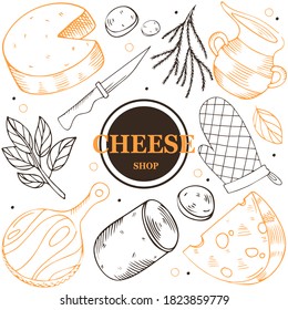 
Productos de queso. Colección de quesos variados. Plantilla para una tienda y cafetería. Ilustración vectorial en un estilo grabado con acentos brillantes.