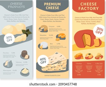 Cheese Products From Factory, Premium Quality Of Pecorino, Valensay And Mascarpone, Gruyere And Maasdam, Brie And Cheddar, Filetta And Colby Jack. Manufacture And Factory. Vector In Flat Style