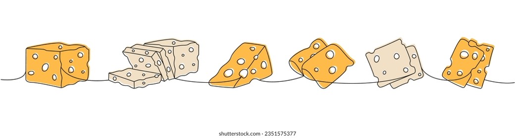 Cheese products one line colored continuous drawing. Different types of cheese continuous one line illustration. Vector minimalist linear illustration