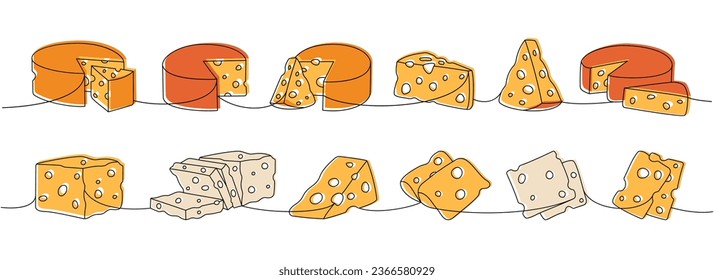 Cheese products one line colored continuous drawing. Different types of cheese continuous one line illustration. Vector minimalist linear illustration