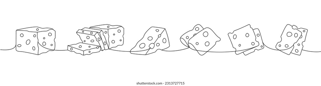 Productos de queso con un dibujo continuo de una línea. Diferentes tipos de queso continuo de una línea de ilustración. Ilustración lineal minimalista del vector.