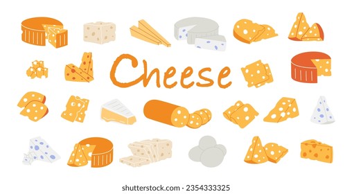Cheese products. Pieces of cheese with internal holes. Cheddar, camembert, brick, mozzarella, maasdam, brie, roquefort, gouda, feta and parmesan.